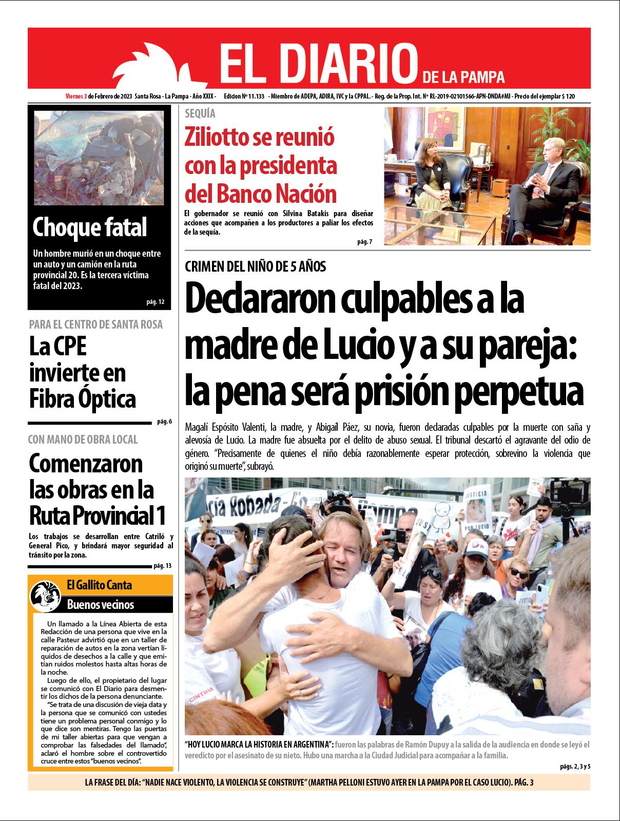 Tapa de El Diario en papel  viernes 03 de febrero de 2023